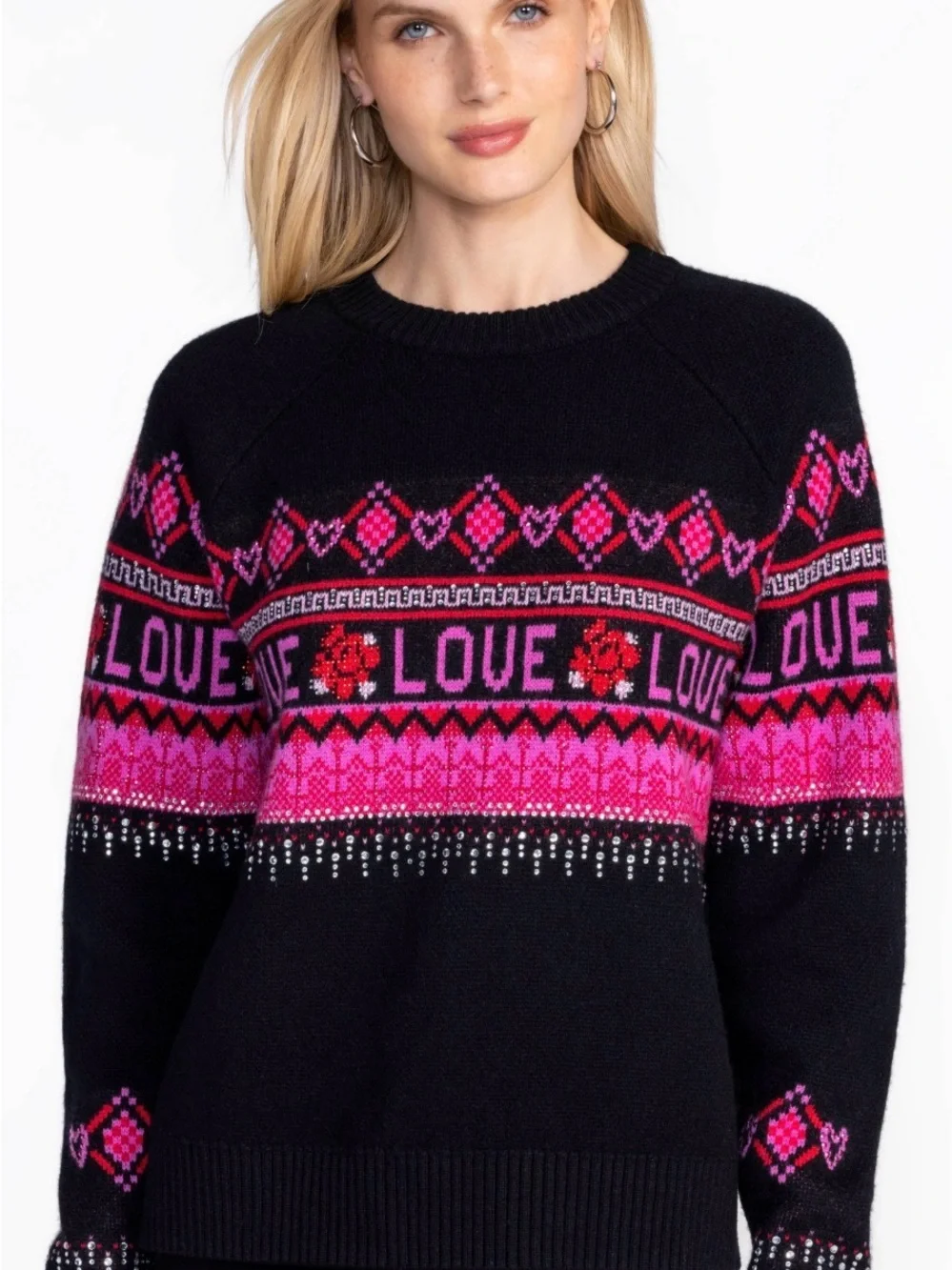 Johnny Was Black & Pink 'LOVE' Fairisle Pullover Wool and Cashmere Sweater